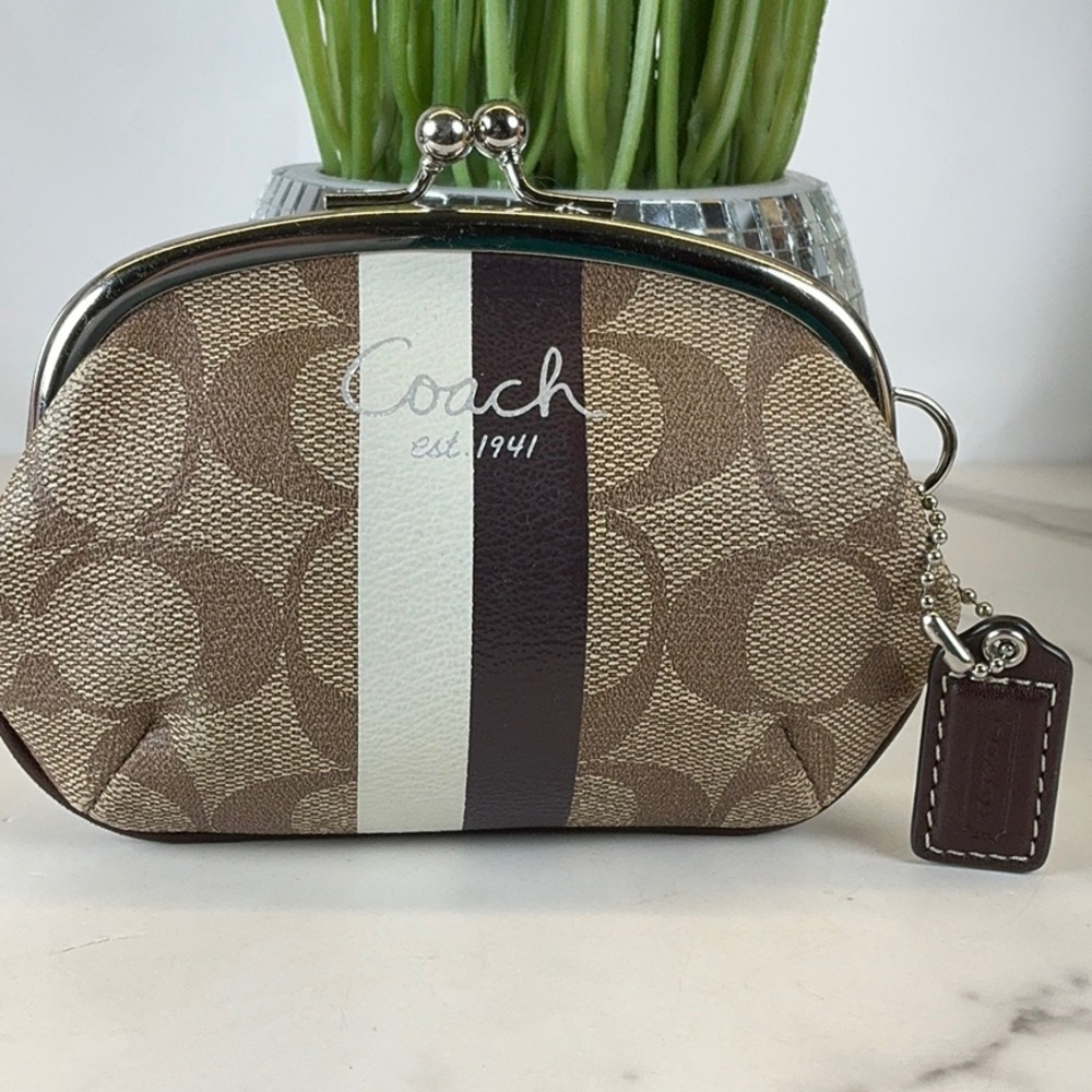 COACH SIGNATURE LEGACY STRIPE KISSLOCK COIN PURSE KHAKI BROWN CANVAS HANGTAG